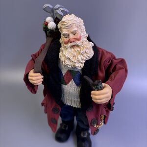 Fabric Mache Santa Claus Figurine Golfing Christmas, Pipe, Golf Clubs, Sweater